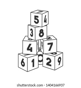 Outline block building tower with numbers for coloring book. Numeral bricks vector illustration on white background.