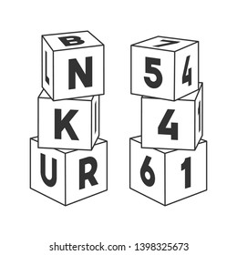 Outline block building towers with letters and numbers for coloring book. Bricks vector illustration on white background.