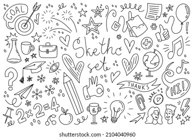 Outline blog elements doodle. Simple draw sketch set. School