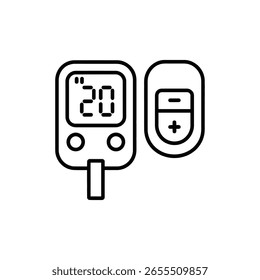 Contorno medidor de glicose no sangue e teste ícone da tira Símbolo de vetor de diabetes para web móvel