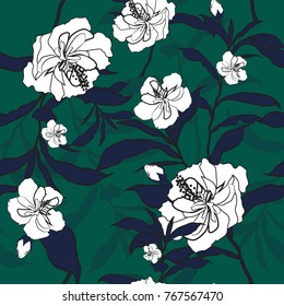 Outline blooming flower vector illustration. Seamless pattern with white flowers on a green  background.