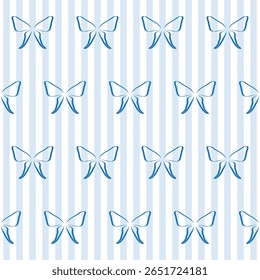 Outline Blue Butterfly Wings Seamless Pattern Background.  Sketch Ink Butterfly Vintage Wrapping Paper Print. Whimsical Doodle Line  Stroke Textile Swatch. Girly Dairy Striped Sophisticated Surface