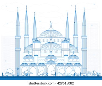 Outline Blue Mosque in Istanbul Turkey. Vector Illustration. Business Travel and Tourism Concept with Historic Building. Image for Presentation Banner Placard and Web Site.
