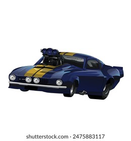 Outline blue and painted racing car. Isolated on black background, for t-shirt design, print and for business purposes.