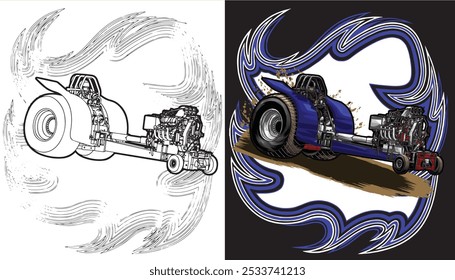 Outline blue and painted racing car. Isolated in black background, for t-shirt design, print. and for business purposes.