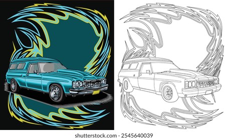 Outline blue and painted racing car. Isolated in black background, for t-shirt design. print, and for business purposes.