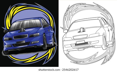 Outline blue and painted racing car. Isolated in black background, for t-shirt design, print, and for business purposes.