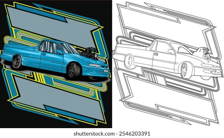 Outline blue and painted racing car. Isolated in white background, for t-shirt design, print, and for business purposes.