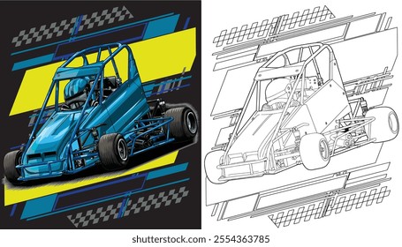 Outline blue and painted racing car. Isolated in white background, for t-shirt design, print, and for business purposes.