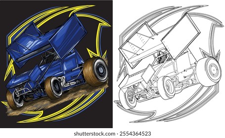 Outline blue and painted racing car. Isolated in white background, for t-shirt design, print, and for business purposes.