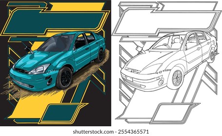 Outline blue and painted racing car. Isolated in black background, for t-shirt design, print. and for business purposes.