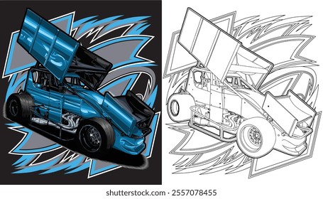 Outline blue and painted racing car. Isolated in white background, for t-shirt design, print, and for business purposes.
