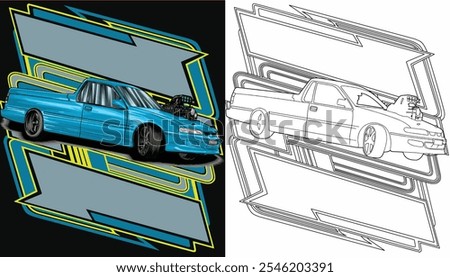 Outline blue and painted racing car. Isolated in white background, for t-shirt design, print, and for business purposes.