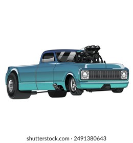 Outline blue and painted truck. Isolated in black background, for t-shirt design, print and for business purposes.