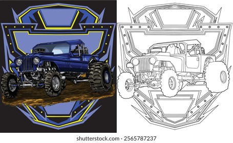 Outline blue truck splash, isolated on a black background, for t-shirt design, print, and for business, purposes.