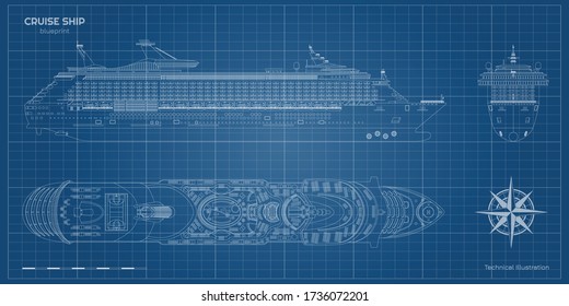 Outline blueprint of cruise ship. Side, top and front views. Contour liner. Detailed drawing of modern marine vessel. Sea travel transpotation. Boat document. Vector illustration