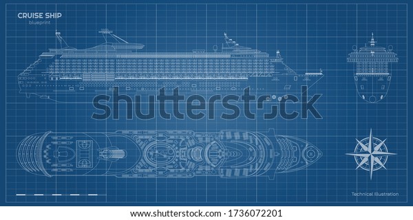 Outline blueprint of\
cruise ship. Side, top and front views. Contour liner. Detailed\
drawing of modern marine vessel. Sea travel transpotation. Boat\
document. Vector\
illustration