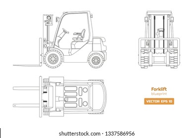 Outline blueprint of forklift. Top, side and front view. Hydraulic machinery image. Industrial isolated loader. Diesel vehicle drawing. Vector illustration