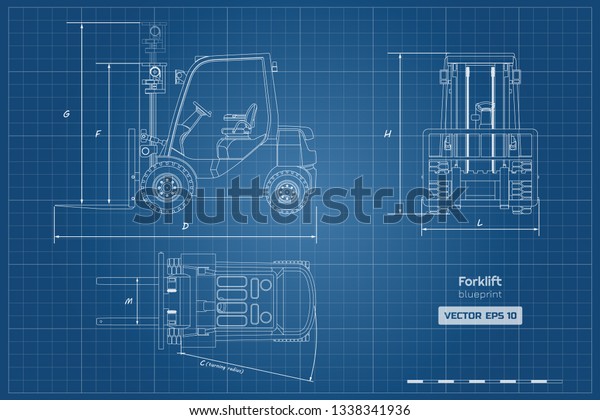 フォークリフトの設計図の概要上面 側面 正面図油圧機械のイメージ ローダー付き工業文書 ディーゼル車の図面 ベクターイラスト のベクター画像素材 ロイヤリティフリー