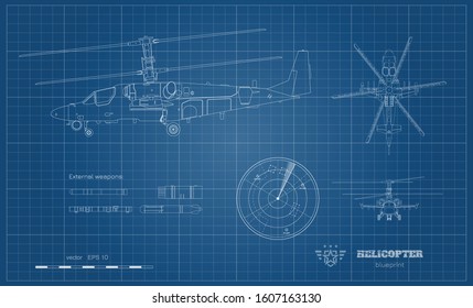 Outline blueprint of military helicopter. Side, top and front views of armed air vehicle. Industrial image with external weapon. War copter. Vector illustration