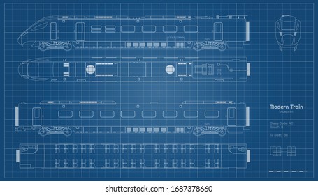 Outline blueprint of modern train. Side, top and front views. Contour locomotive. Railway vehicle. Railroad pessenger transport. Vector illustration