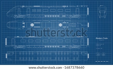 Outline blueprint of modern train. Side, top and front views. Contour locomotive. Railway vehicle. Railroad pessenger transport. Vector illustration