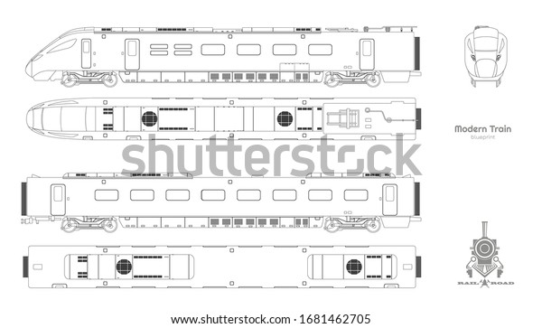 近代列車の設計図の概略 側面図 上面図 正面図 機関車 鉄道車両 鉄道ペッセンジャー輸送 ベクターイラスト のベクター画像素材 ロイヤリティフリー