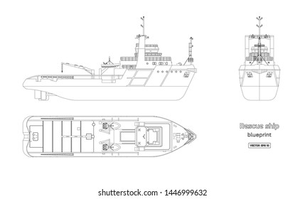 Outline Blueprint Of Rescue Ship On White Background. Top, Side And Front View. Industry Drawing. Isolated Image Of Boat. Vector Illustration