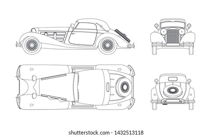 Outline blueprint of retro car on white background. Vintage cabriolet. Front, side, top and back view. Industrial isolated drawing. Vector illustration