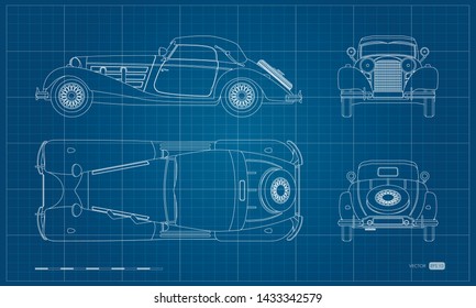 Outline blueprint of retro car. Vintage cabriolet. Front, side, top and back view. Industrial isolated drawing. Vector illustration