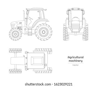 Outline blueprint of  tractor. Side, front and top view of agriculture machinery. Farming vehicle on white background. Industry isolated drawing. Vector illustration