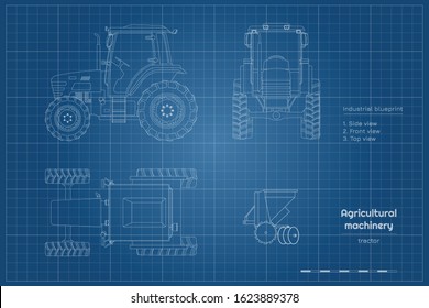 Outline blueprint of  tractor. Side, front and top view of agriculture machinery. Farming vehicle. Industry drawing. Vector illustration