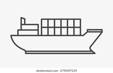 Outline boat with container. Deliver ship for export by ocean