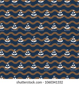 Outline boat navy brown in wave background. A playful, modern, and flexible pattern for brand who has cute and fun style. Repeated pattern. Happy, bright, and nautical mood.