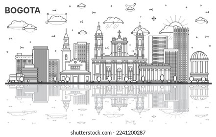 Outline Bogota Colombia City Skyline with Historic Buildings and Reflections Isolated on White. Vector Illustration. Bogota Cityscape with Landmarks.