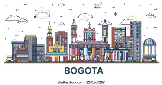 Outline Bogota Colombia City Skyline with Colored Historic Buildings Isolated on White. Vector Illustration. Bogota Cityscape with Landmarks.