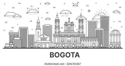 Outline Bogota Colombia City Skyline with Historic Buildings Isolated on White. Vector Illustration. Bogota Cityscape with Landmarks.