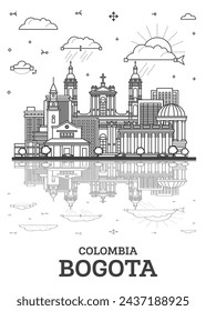 Outline Bogota Colombia City Skyline with Historic Buildings and reflections Isolated on White. Vector Illustration. Bogota Cityscape with Landmarks.