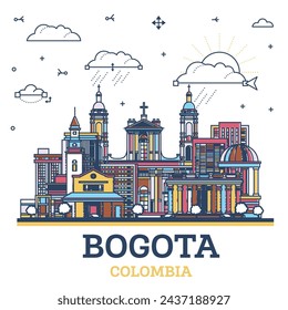Outline Bogota Colombia City Skyline with colored Historic Buildings Isolated on White. Vector Illustration. Bogota Cityscape with Landmarks.