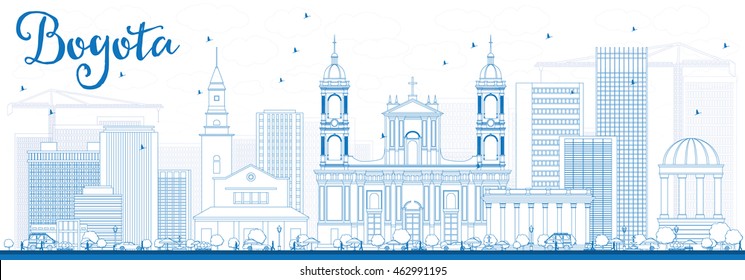 Outline Bogota Skyline with Blue Buildings. Vector Illustration. Business Travel and Tourism Concept with Historic Buildings. Image for Presentation Banner Placard and Web Site.