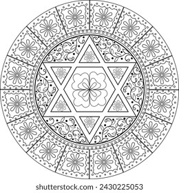 Outline bohemianr mandala with detailed folk elements and hexagram star. Use as coloring page, greeting card design, holiday activities for children and adults