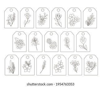 Outline boho simple flowers gift tags labels set, hand drawn doodle style floral vector illustration for craft, handmade gifts, bohemian springtime decoration