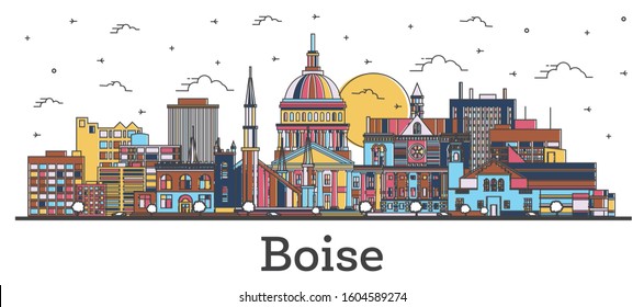 Outline Boise Idaho City Skyline with Color Buildings Isolated on White. Vector Illustration. Boise USA Cityscape with Landmarks. 