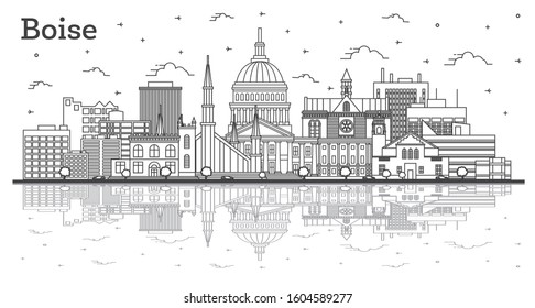 Outline Boise Idaho City Skyline with Modern Buildings and Reflections Isolated on White. Vector Illustration. Boise USA Cityscape with Landmarks.