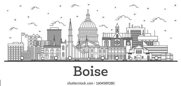 Outline Boise Idaho City Skyline with Modern Buildings Isolated on White. Vector Illustration. Boise USA Cityscape with Landmarks. 