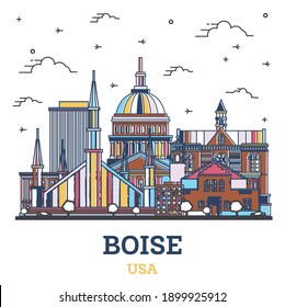 Outline Boise Idaho City Skyline with Colored Modern Buildings Isolated on White. Vector Illustration. Boise USA Cityscape with Landmarks. 