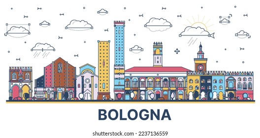 Esbozo de la ciudad de Bolonia Italia con edificios históricos de colores aislados en blanco. Ilustración vectorial. El paisaje urbano de Bolonia con monumentos.