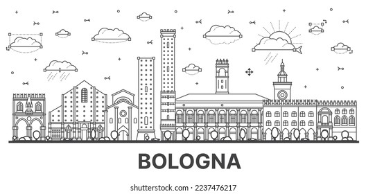 Esbozo de la ciudad de Bolonia Italia con edificios históricos aislados en blanco. Ilustración vectorial. El paisaje urbano de Bolonia con monumentos.