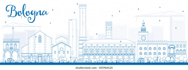 Outline Bologna Skyline with Blue Landmarks. Vector Illustration. Business Travel and Tourism Concept with Historic Buildings. Image for Presentation Banner Placard and Web Site.