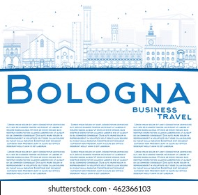 Outline Bologna Skyline with Blue Landmarks and Copy Space. Vector Illustration. Business Travel and Tourism Concept with Historic Buildings. Image for Presentation Banner Placard and Web Site.